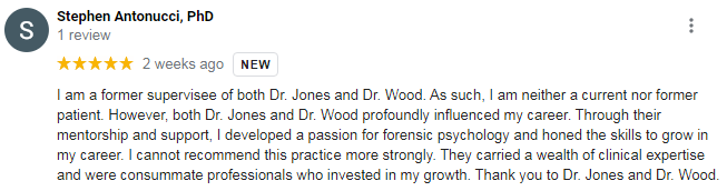 Google review for Jones-Wood Psychological Associates