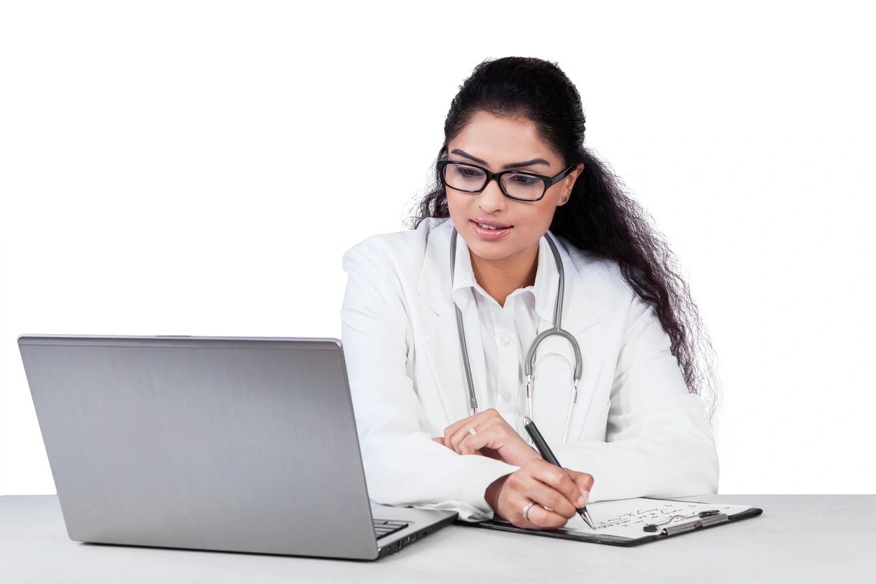 Female physician with patient on computer during telebehavioral health session.